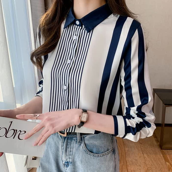 Stripe Print Long Sleeve Lapel Shirt Workwear