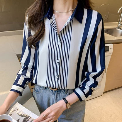 Stripe Print Long Sleeve Lapel Shirt Workwear