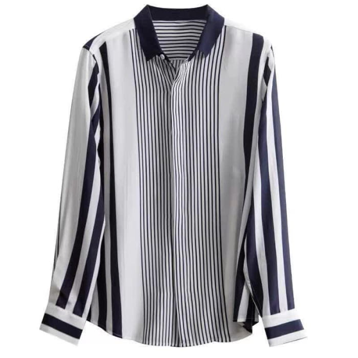 Stripe Print Long Sleeve Lapel Shirt Workwear - Blue / M