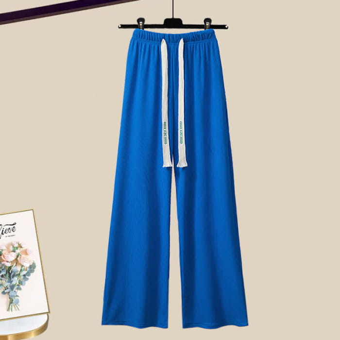 Stripe Print Shirt Casual Wide Leg Pants - Blue / M