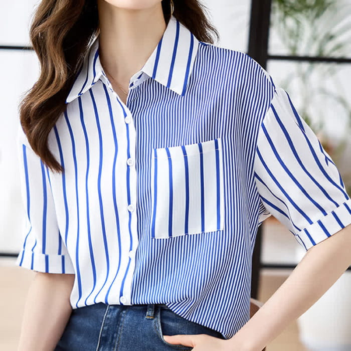 Stripe Print Short Sleeve Lapel Shirt