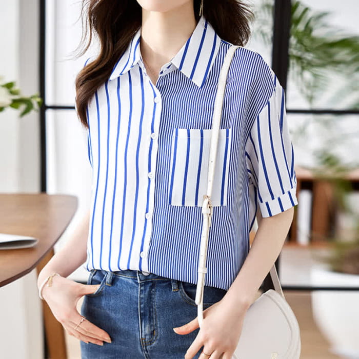 Stripe Print Short Sleeve Lapel Shirt