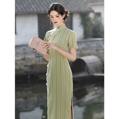 Stripe Short Sleeve Long Cheongsam - Female Hanfu