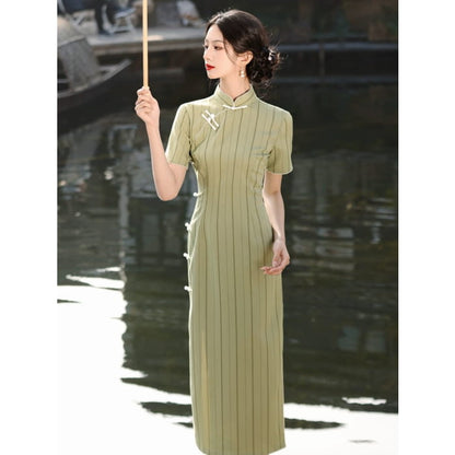 Stripe Short Sleeve Long Cheongsam - Female Hanfu