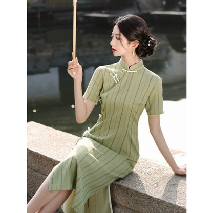 Stripe Short Sleeve Long Cheongsam - Female Hanfu