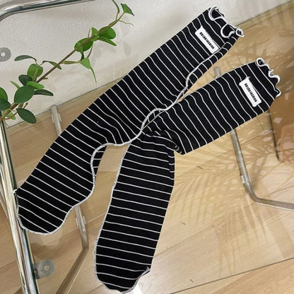 Striped Applique Lettuce Edge Socks - Black / One Size