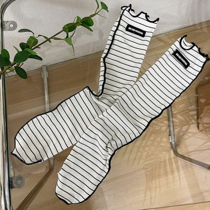 Striped Applique Lettuce Edge Socks - White / One Size