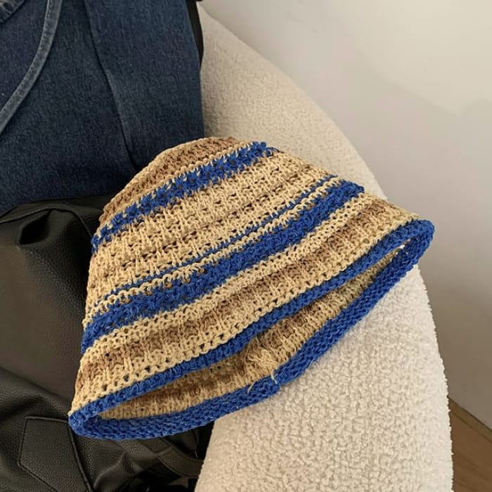 Striped Crochet Bucket Hat - Blue & Coffee / One Size