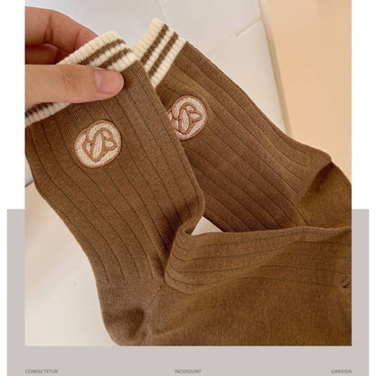 Striped Embroidered Ribbed Short Socks Set