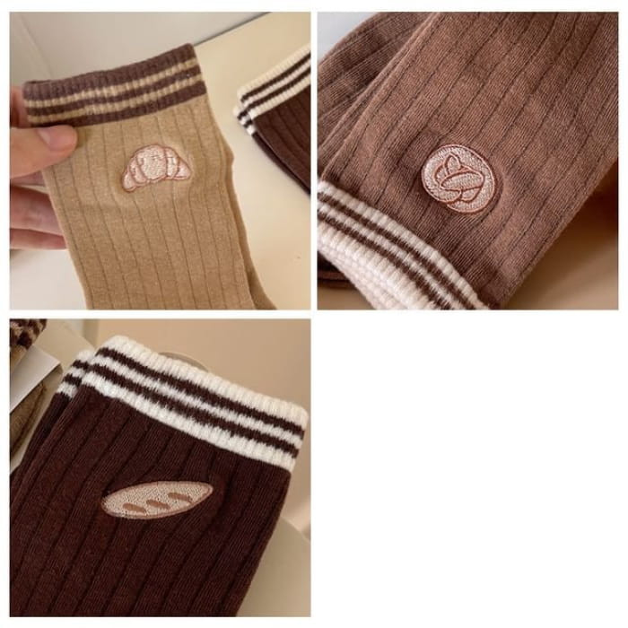 Striped Embroidered Ribbed Short Socks Set - of 3 Pairs