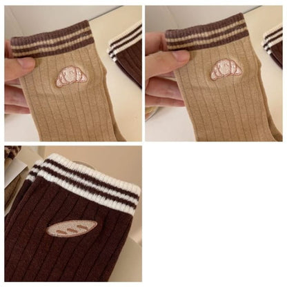 Striped Embroidered Ribbed Short Socks Set - of 3 Pairs