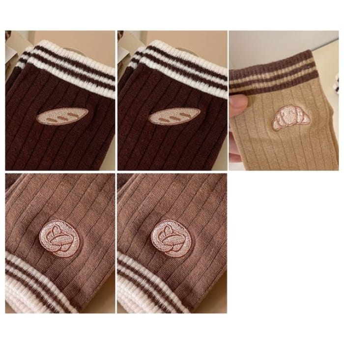 Striped Embroidered Ribbed Short Socks Set - of 5 Pairs