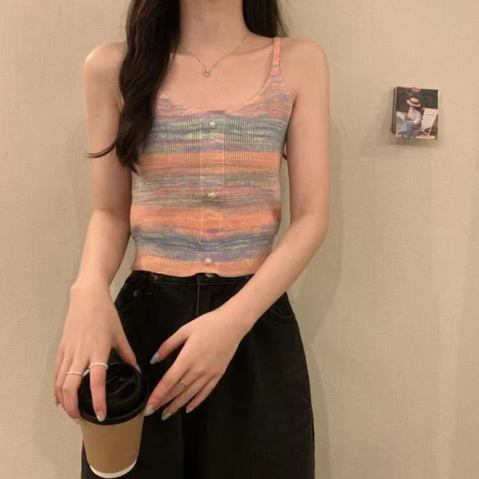 Striped Faux Pearl Button Knit Crop Camisole Top