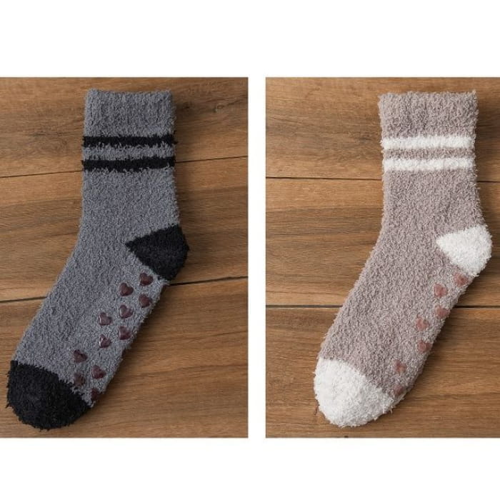 Striped Fleece Short Socks Set - 2 Pairs - Dark Gray &