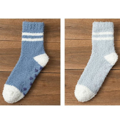 Striped Fleece Short Socks Set - Dark Blue & Light