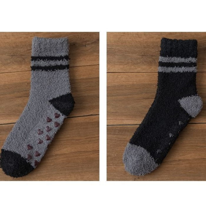 Striped Fleece Short Socks Set - of 2 Pairs - Dark Gray &