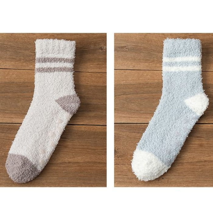 Striped Fleece Short Socks Set - of 2 Pairs - Light Coffee