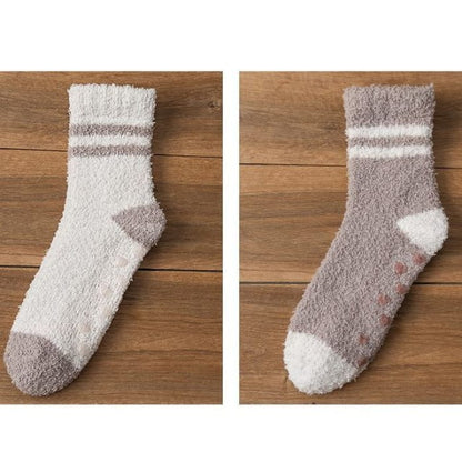 Striped Fleece Short Socks Set - of 2 Pairs - Light Coffee