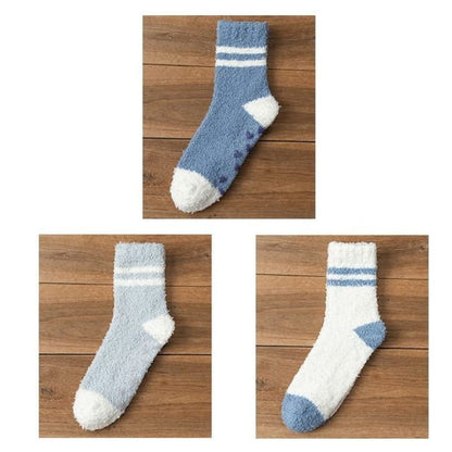 Striped Fleece Short Socks Set - of 3 Pairs - Dark Blue &