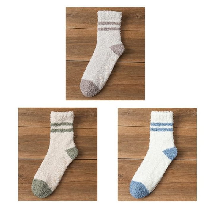 Striped Fleece Short Socks Set - of 3 Pairs - Light Coffee