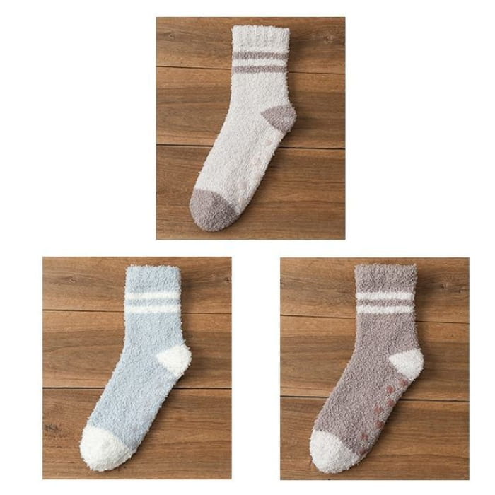 Striped Fleece Short Socks Set - of 3 Pairs - Light Coffee