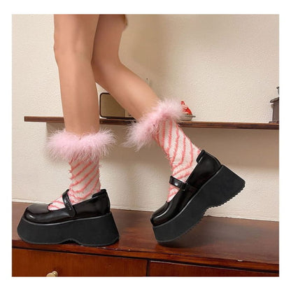 Striped Fluffy Trim Socks