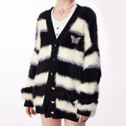 Striped Fuzzy Butterfly Cardigan