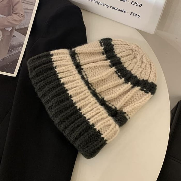 Striped Knit Beanie - Beige / One Size