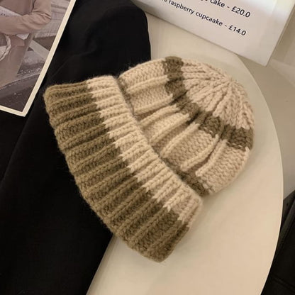 Striped Knit Beanie - Khaki / One Size