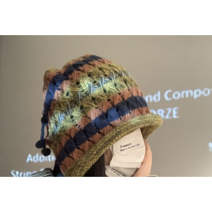 Striped Knit Bonnet Hat - Hats