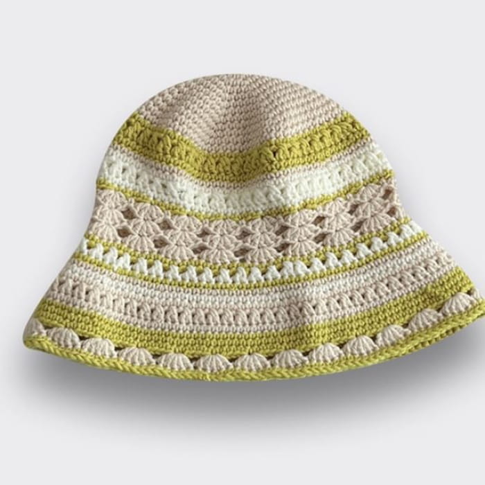 Striped Knit Bucket Hat - Beige & Green / M