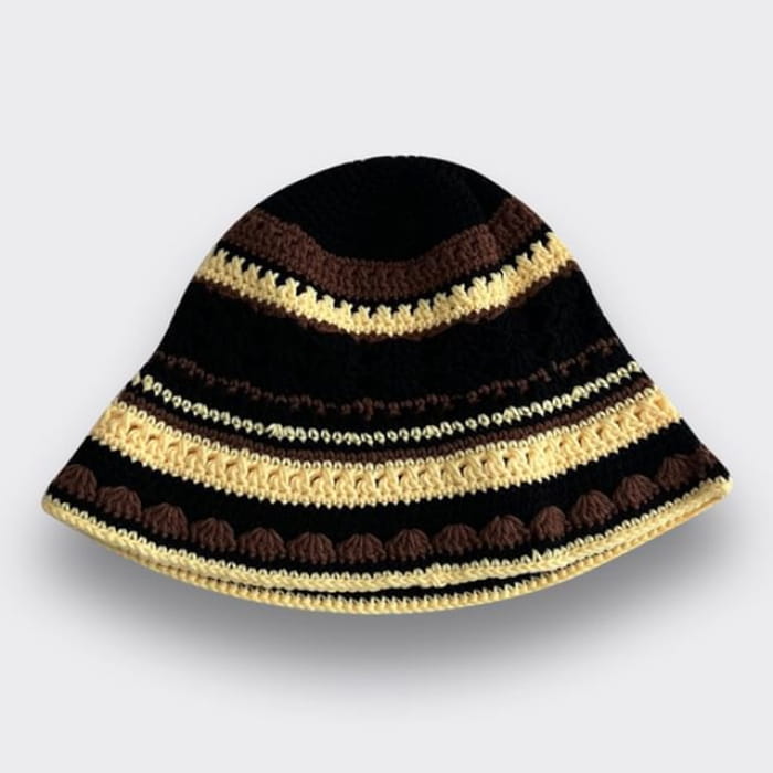 Striped Knit Bucket Hat - Black & Coffee / M