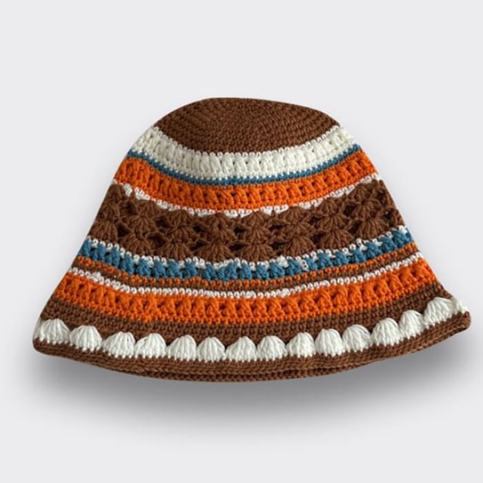 Striped Knit Bucket Hat - Tangerine & Coffee / M