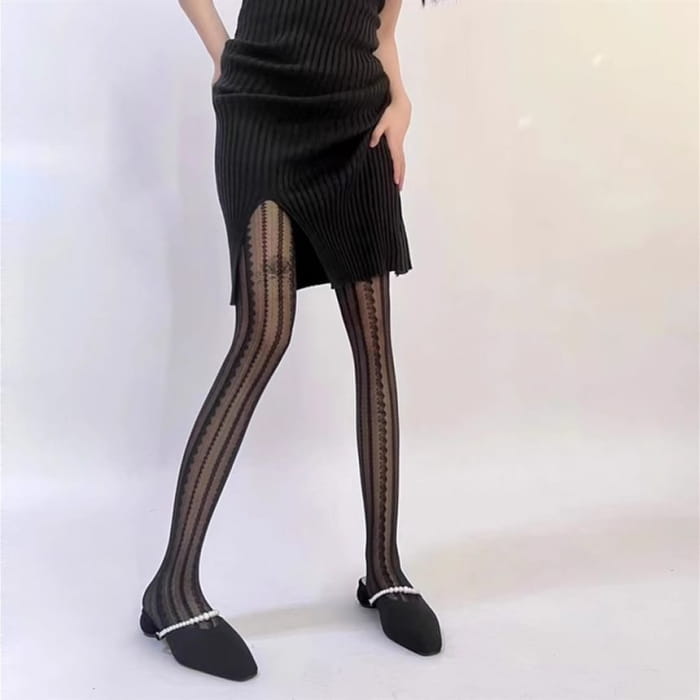 Striped Lace Trim Sheer Tights