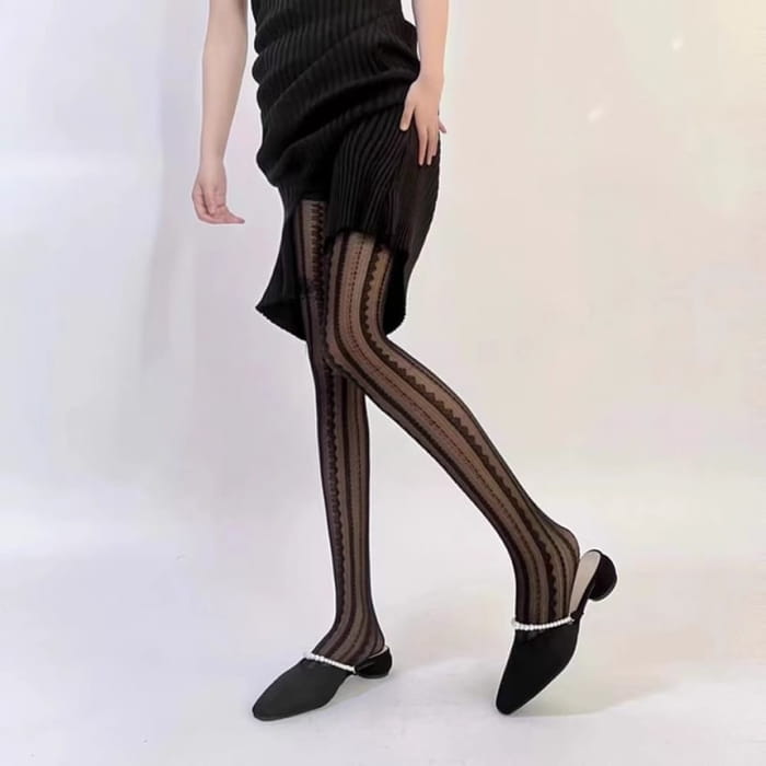 Striped Lace Trim Sheer Tights