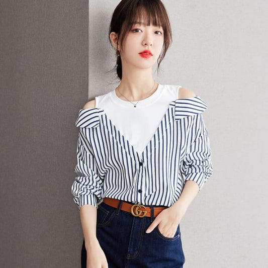 Striped Long Sleeve Cold Shoulder Shirt