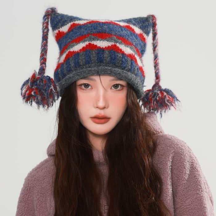 Striped Pom Beanie - Gray / One Size