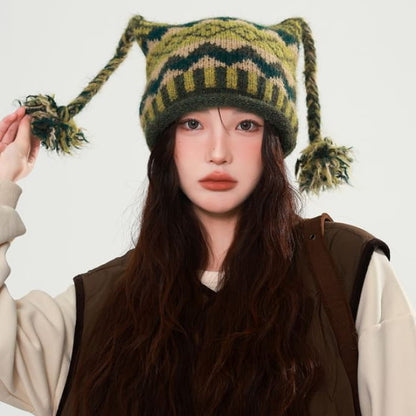 Striped Pom Beanie - Green / One Size