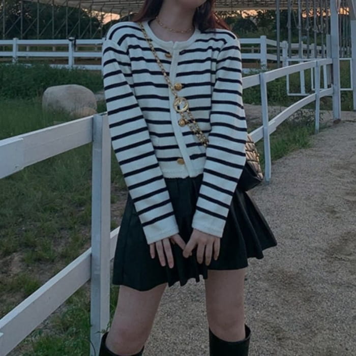 Striped Round-Neck Cardigan