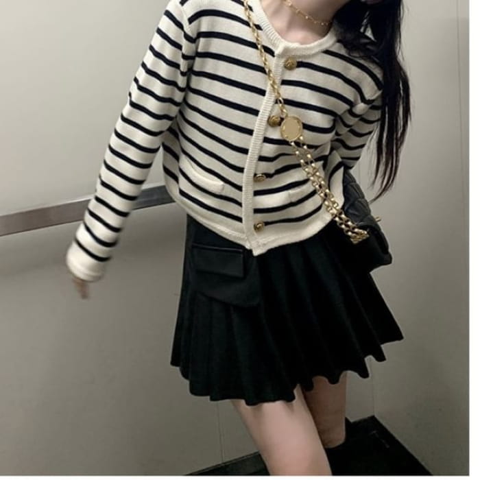 Striped Round-Neck Cardigan - Stripe - Black / One Size