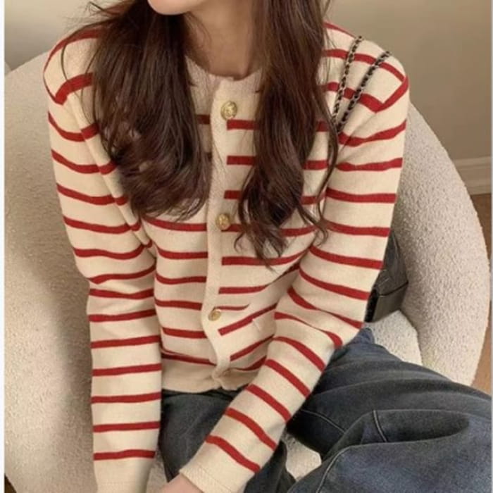 Striped Round-Neck Cardigan - Stripe - Red / One Size