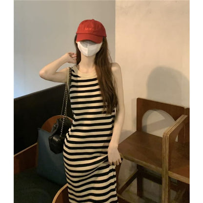 Striped Sleeveless Round Neck Bodycon Long Dress