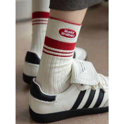 Striped Socks / Letter Embroidered / Set