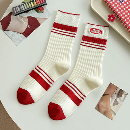 Striped Socks / Letter Embroidered / Set