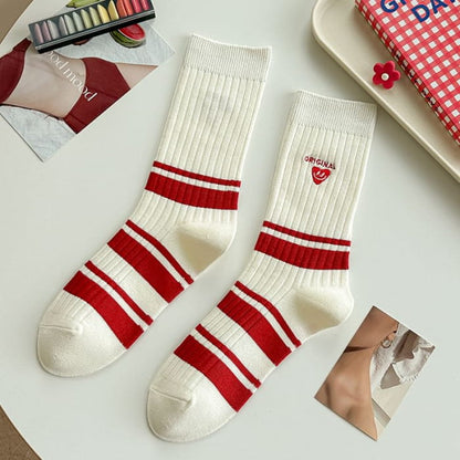 Striped Socks / Letter Embroidered / Set