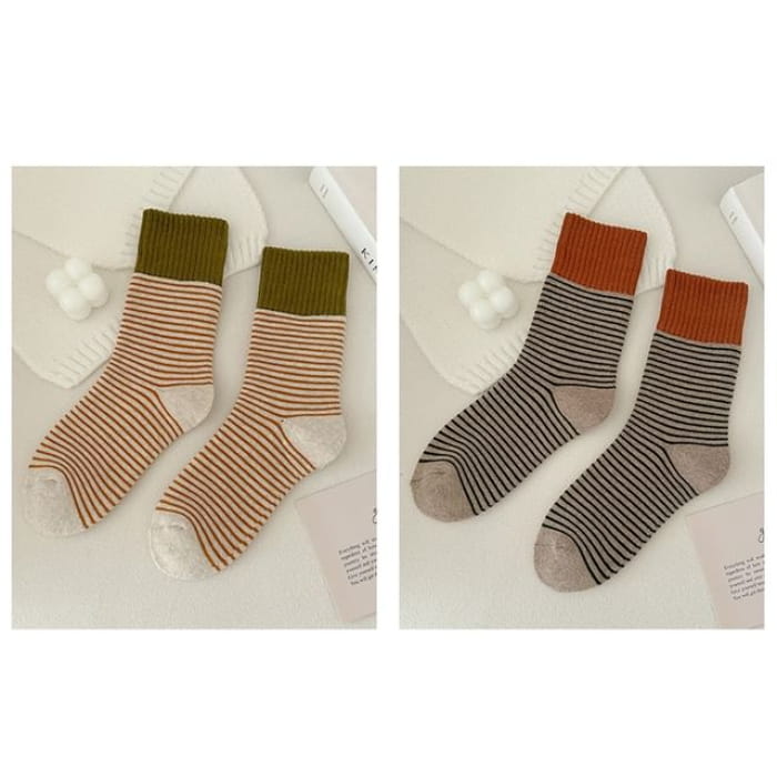 Striped Socks / Set - of 2 Pair - Beige & Khaki / One Size