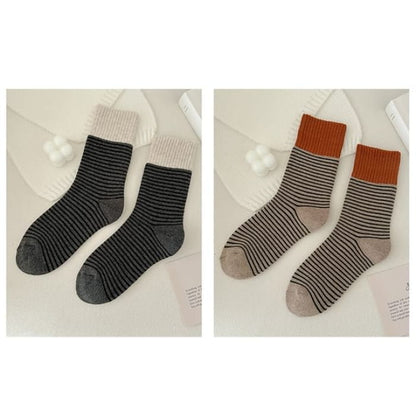 Striped Socks / Set - of 2 Pair - Black & Khaki / One Size