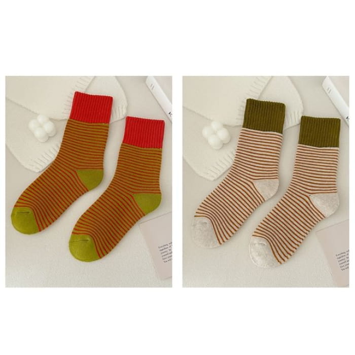 Striped Socks / Set - of 2 Pair - Yellow & Beige / One Size