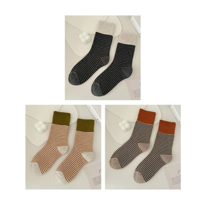 Striped Socks / Set - of 3 Pair - Black & Beige Khaki