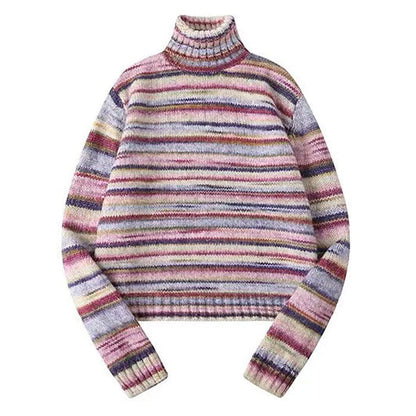 Striped Turtleneck Sweater - S / Pink